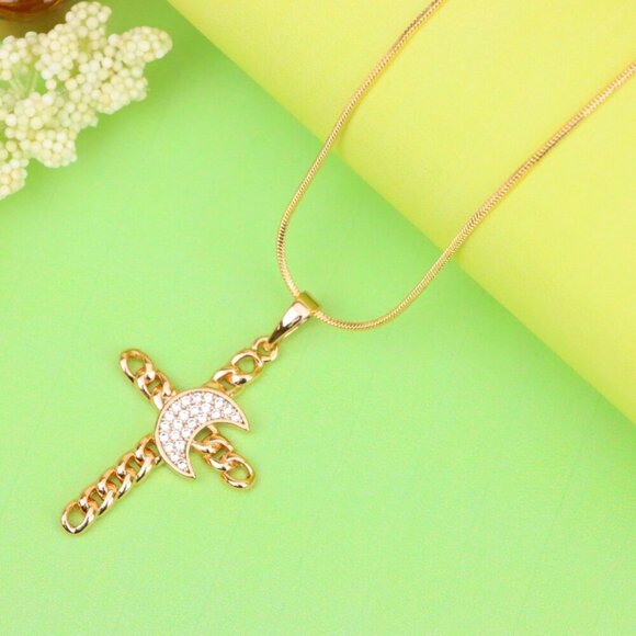 "Rose Gold Chain Cross Pendant with CZ Crescent Accent, XPPT1263 - Picture 13 of 13